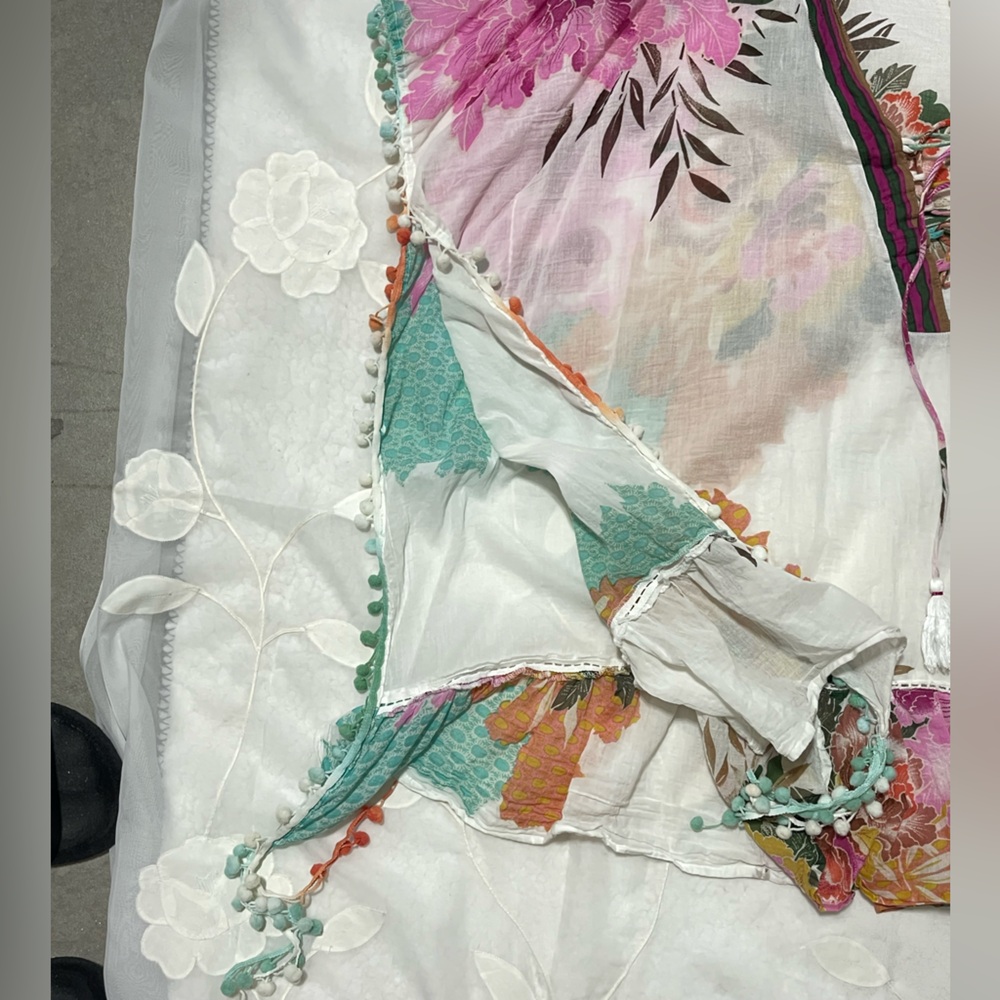 Z&L Floral Lace-Up Pom Pom Swim Caftan Coverup - White with Pink & Mint - Picture 9 of 14